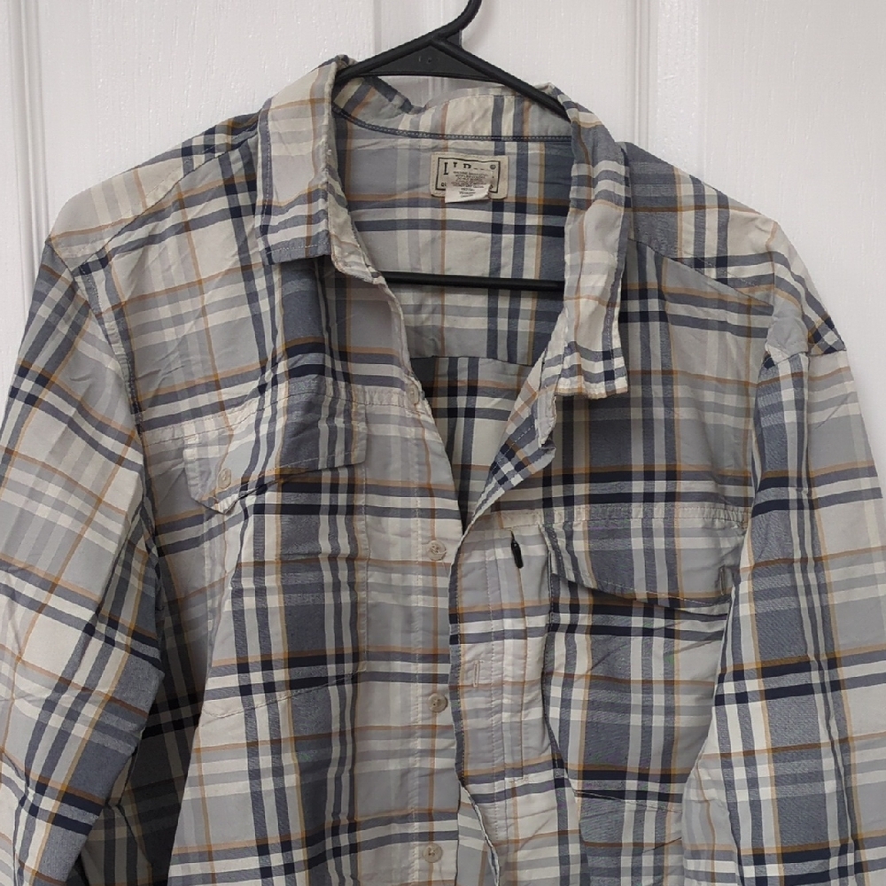 L.L. Bean Men's Plaid Casual Button Down Shirt - Blue and Tan